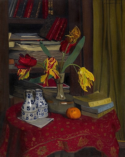 Tulipes perroquet, fond bibliotheque by Felix Vallotton