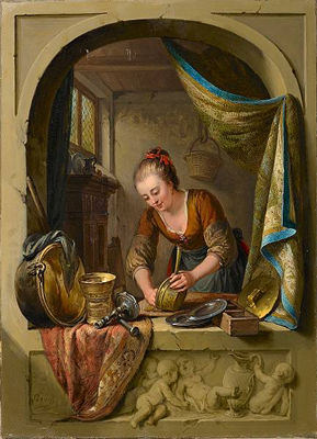 A young woman cleaning pans at a draped stone arch by Willem Joseph Laquy, 18th century