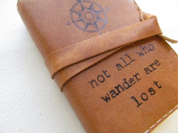 Small Leather Journal Sketchbook Not all who wander are lost by in blue