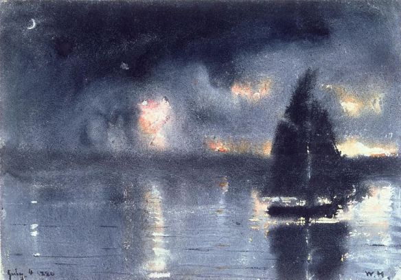 Sailboat and Fourth of July Fireworks by Winslow Homer, 1880