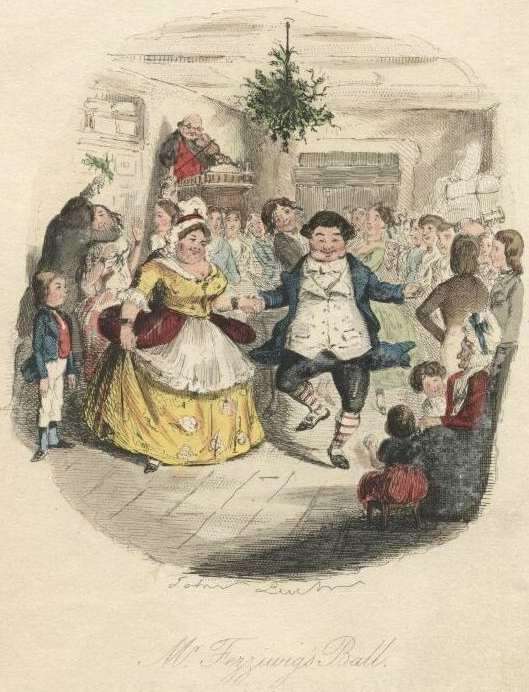 Illustration of Mr. Fezziwig's Ball by John Leech. First Edition of A Christmas Carol, 1843.