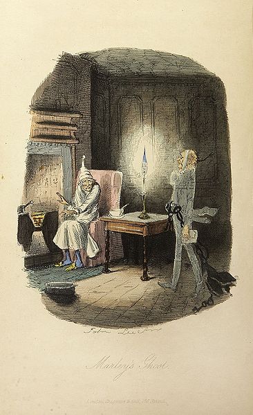 Illustration of Scrooge and Marley's Ghost by John Leech. First Edition of A Christmas Carol, 1843.