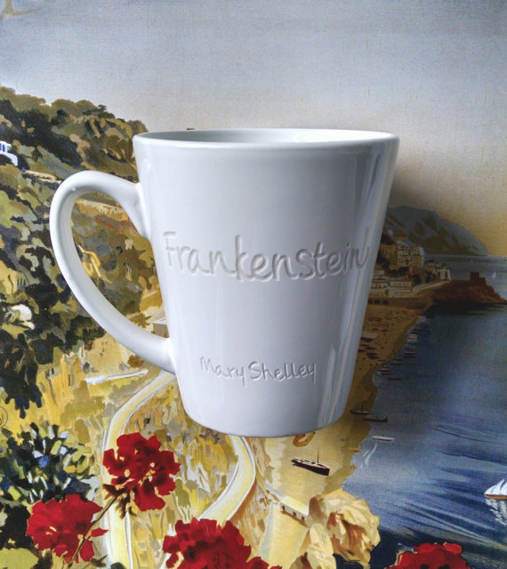 Mary Shelley Frankenstein Mug by Pen Endeavors. $16.00.